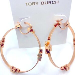 New Tory Burch Rose Gold Logo Light Weight Hoop Earings